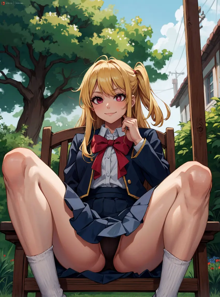 Image 1girls,female,looking_at_viewer,smile,solo,panties,ai_generated,outdoors,day,facing_viewer,straight-on,makimass_ai,hoshino_ruby,oshi_no_ko