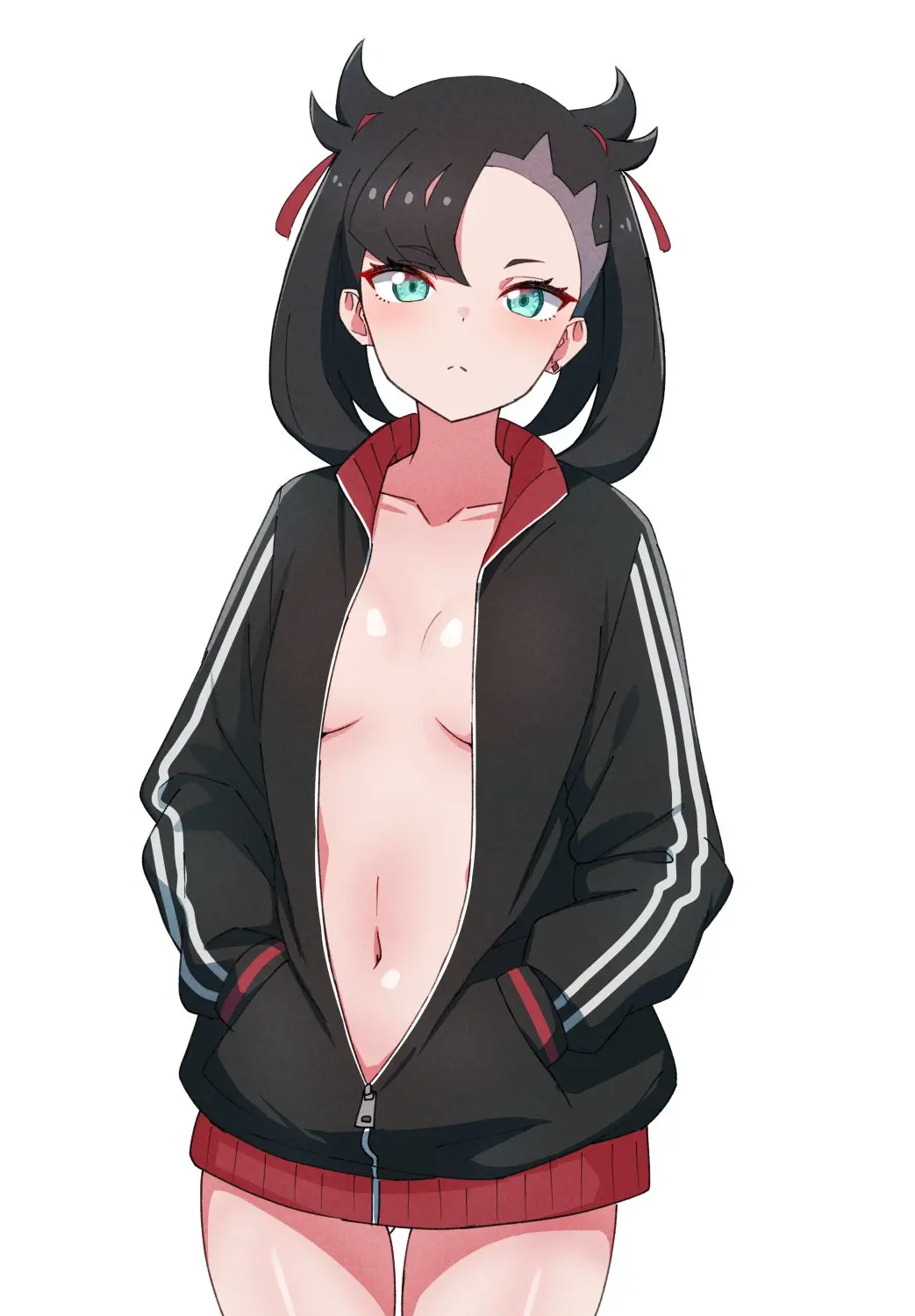 Image 1girls,breasts,female,female_only,hands_in_pockets,human,light-skinned_female,looking_at_viewer,solo,standing,white_background,black_hair,navel,pokemon,convenient_censoring,small_breasts,nintendo,jacket,partially_clothed,light-skinned,facing_viewer,jacket_only,inner_sideboob,coat,naked_jacket,marnie_(pokemon),gamefreak,kamidan
