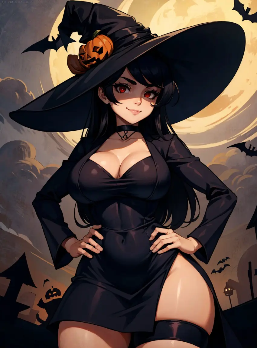 Image female,looking_at_viewer,ai_generated,video_games,halloween,skullgirls,makimass_ai,filia_(skullgirls)