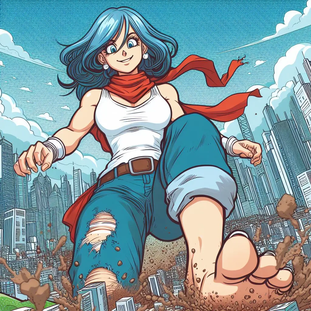 Image female,light-skinned_female,light_skin,blue_eyes,blue_hair,barefoot,ai_generated,dragon_ball,dragon_ball_z,giantess,dragon_ball_super,stomping,city,destruction,crush,bulma_briefs,city_destruction,dude_duderson
