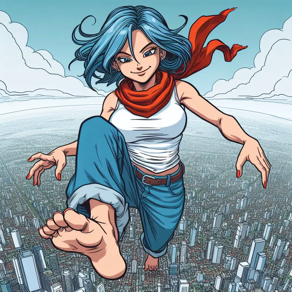 Image female,light-skinned_female,light_skin,blue_eyes,blue_hair,barefoot,ai_generated,dragon_ball,dragon_ball_z,giantess,dragon_ball_super,stomping,city,destruction,crush,bulma_briefs,city_destruction,dude_duderson