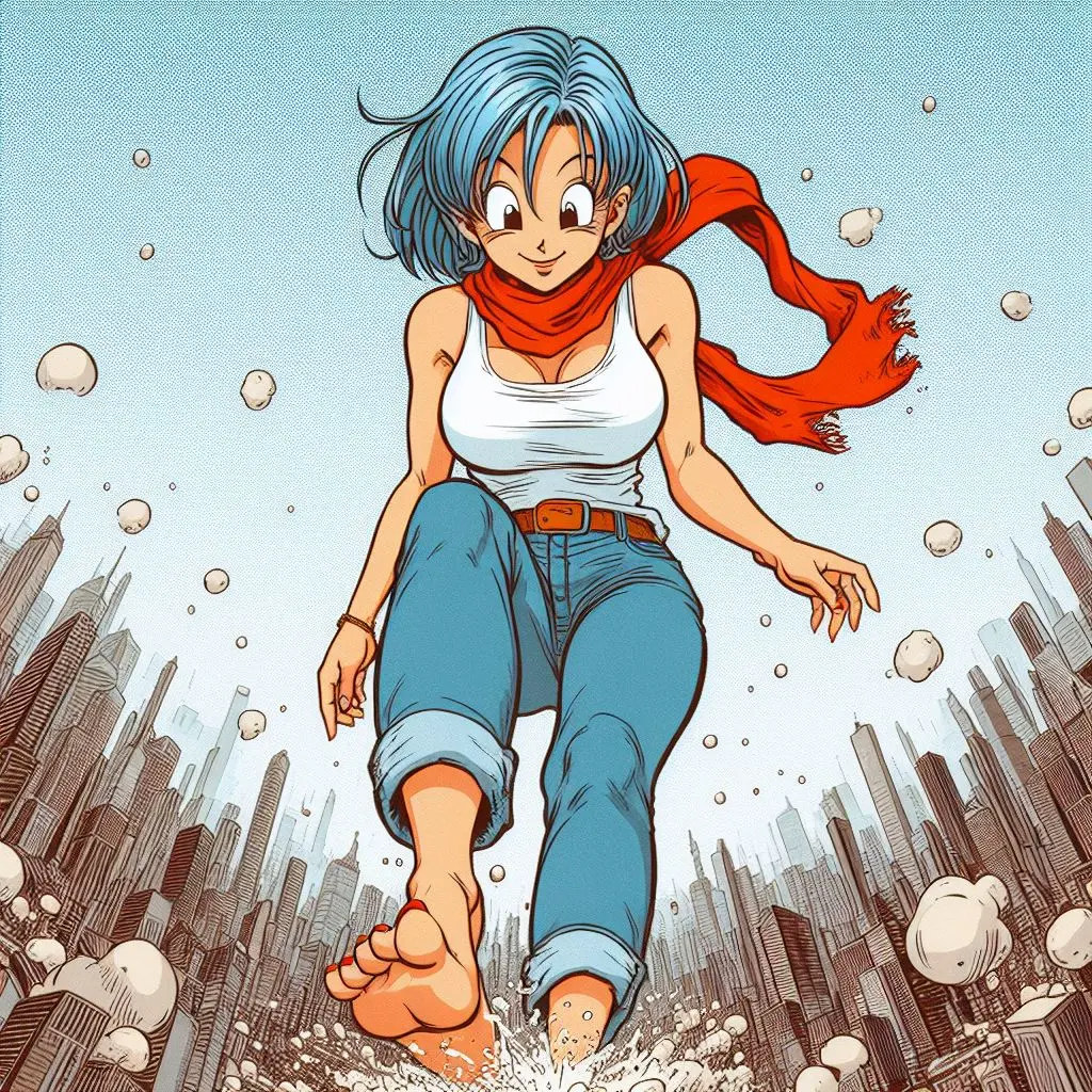 Image female,light-skinned_female,light_skin,blue_eyes,blue_hair,barefoot,ai_generated,dragon_ball,dragon_ball_z,giantess,dragon_ball_super,stomping,city,destruction,crush,bulma_briefs,city_destruction,dude_duderson
