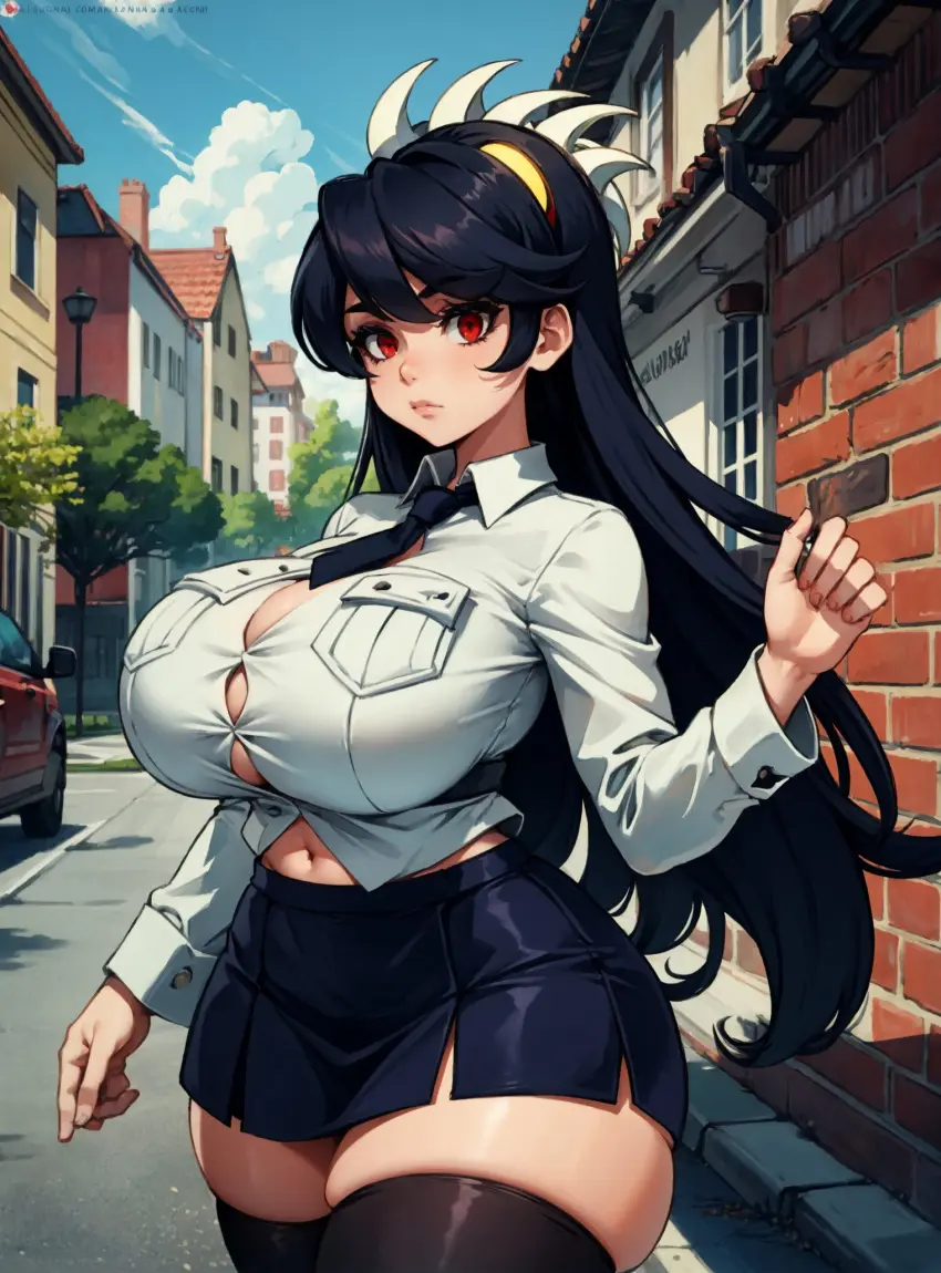 Image female,looking_at_viewer,ai_generated,video_games,skullgirls,makimass_ai,filia_(skullgirls)