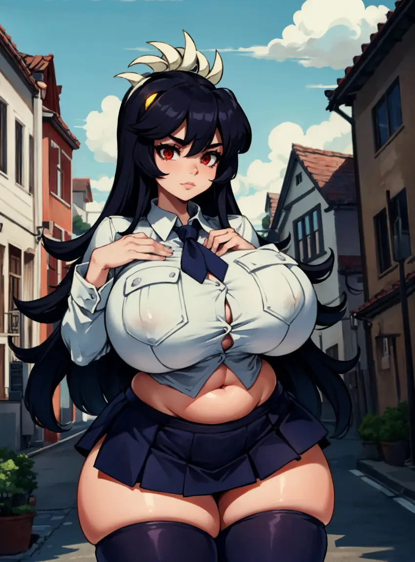 Image female,looking_at_viewer,ai_generated,video_games,skullgirls,makimass_ai,filia_(skullgirls)