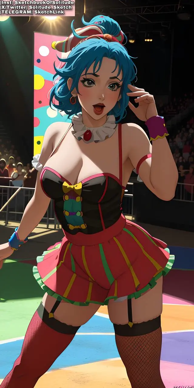 Image big_breasts,breasts,female,female_only,blue_hair,thick_thighs,thighs,wide_hips,ai_generated,green_eyes,stockings,skirt,thigh_highs,female_human,anime,anime_style,clown,clown_girl,clown_makeup,ai_hands,fishnet_stockings,soli_sketch