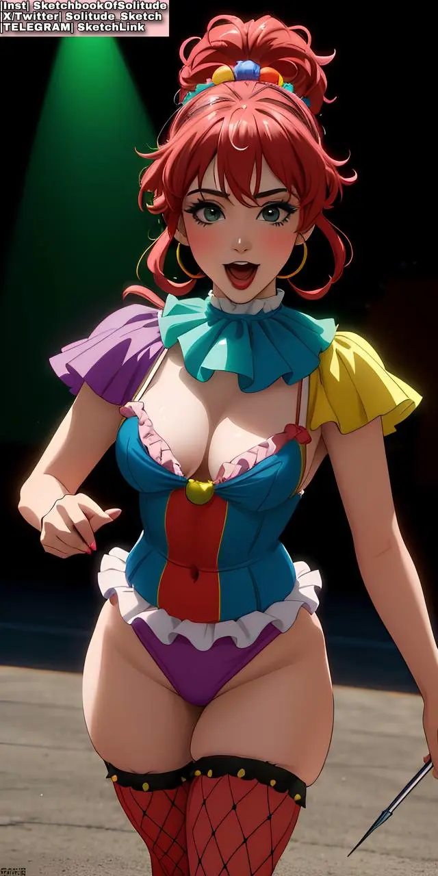 Image big_breasts,breasts,female,female_only,red_hair,panties,thick_thighs,thighs,wide_hips,ai_generated,green_eyes,stockings,thigh_highs,female_human,anime,anime_style,clown,clown_girl,clown_makeup,ai_hands,fishnet_stockings,purple_panties,soli_sketch