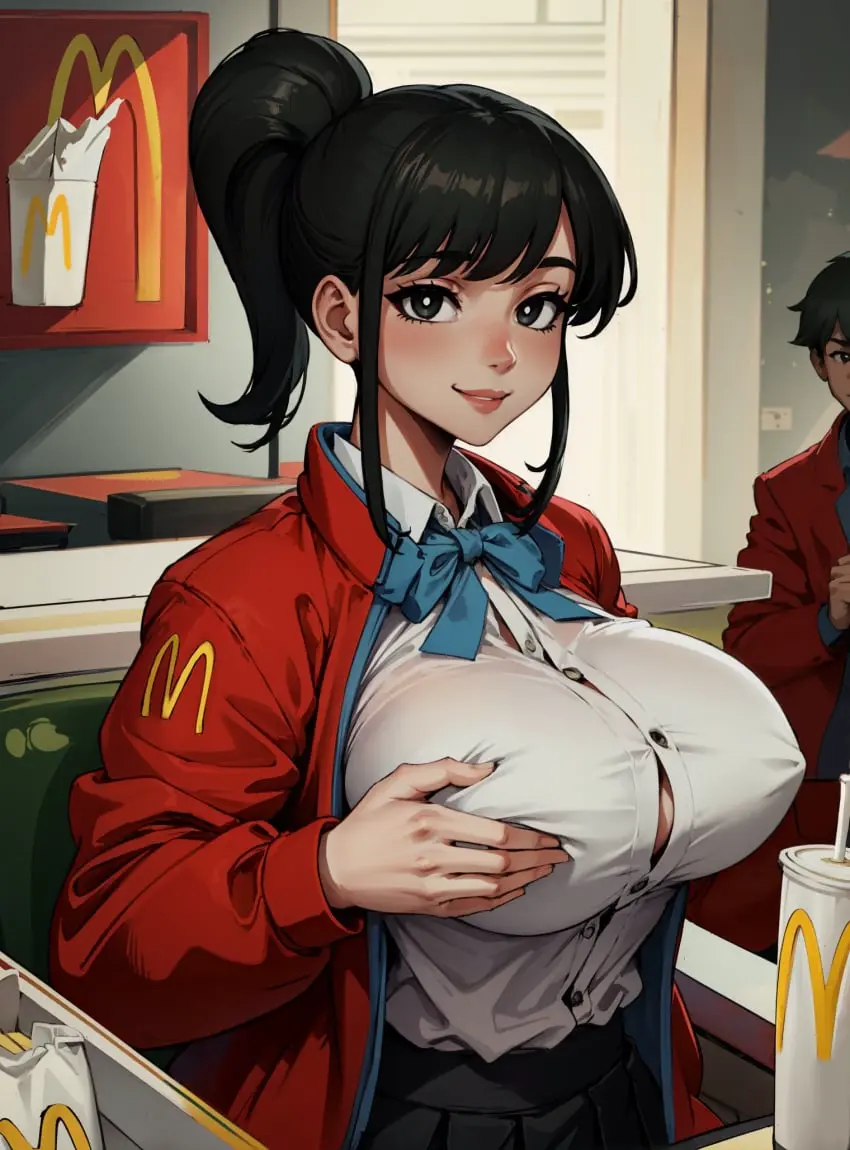 Image 1girls,female,human,looking_at_viewer,female_focus,ai_generated,solo_focus,alternate_breast_size,mcdonald's,yoru_mac,makimass_ai,boyfriend_(japanese_mcdonald's_commercial),girlfriend_(japanese_mcdonald's_commercial)