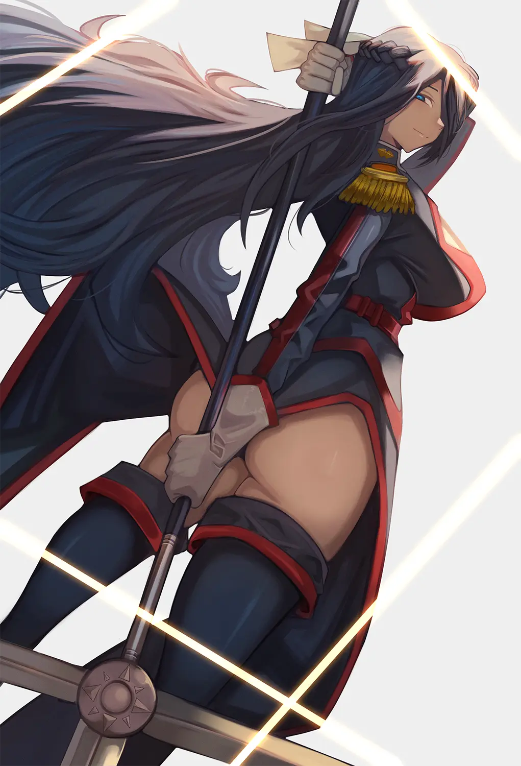 Image breasts,female,large_breasts,long_hair,looking_at_viewer,blue_eyes,blue_hair,gloves,ass,bubble_butt,looking_back,hair_over_one_eye,milf,braid,holding_weapon,pelvic_curtain,spear,mato_seihei_no_slave,anti-demon_corps_uniform,azuma_fubuki,holding_spear