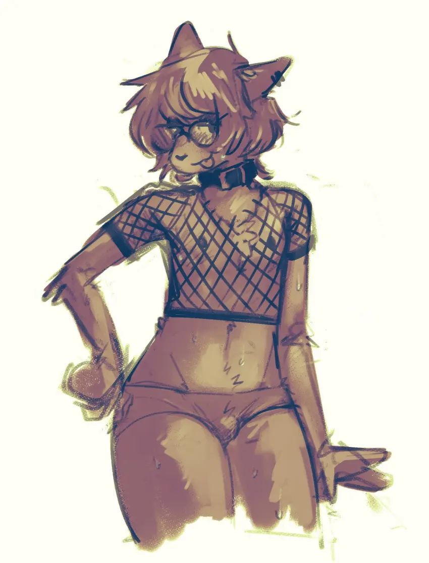 Image 2023,clothing,hi_res,looking_at_viewer,nipples,shirt,simple_background,solo,white_background,male,navel,tongue_out,panties,tongue,underwear,femboy,eyewear,glasses,hair,anthro,piercing,bulge,fur,mammal,ear_piercing,feline,girly,brown_fur,arm_tuft,elbow_tuft,tuft,topwear,brown_body,felid,domestic_cat,felis,fishnet_clothing,chest_tuft,round_glasses,pochowek,skala,fishnet_shirt,fishnet_topwear