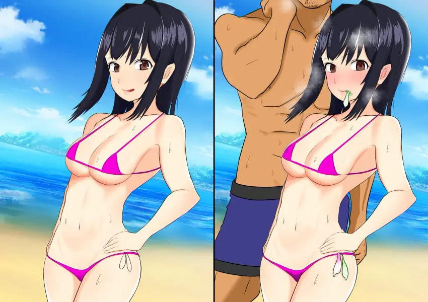 Image 1girls,female,1boy,male,bikini,original,original_character,mouth_hold,outdoors,2koma,netorare,before_and_after,instant_loss_2koma,used_condom,jakky_jakigann