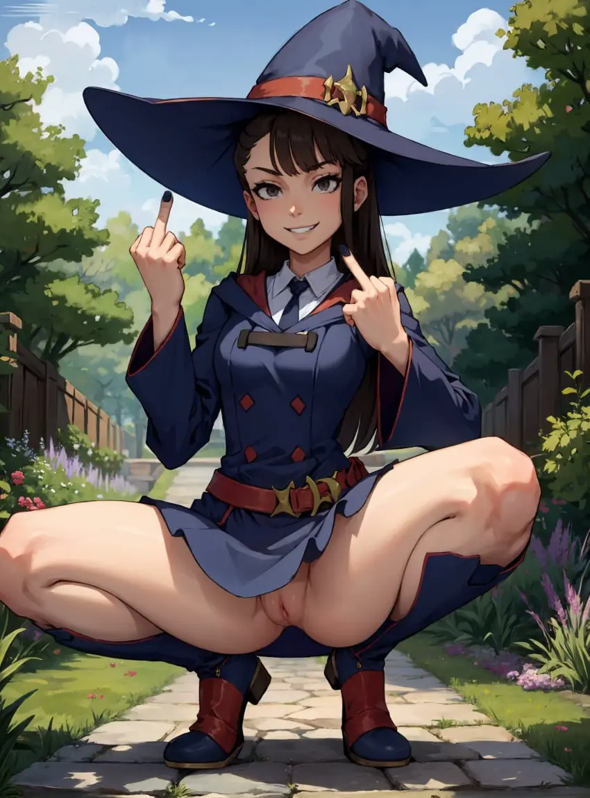 Image 1girls,female,looking_at_viewer,solo,pussy,hat,ai_generated,spread_legs,dress,outdoors,no_panties,squatting,full_body,middle_finger,little_witch_academia,makimass_ai,atsuko_kagari,double_middle_finger