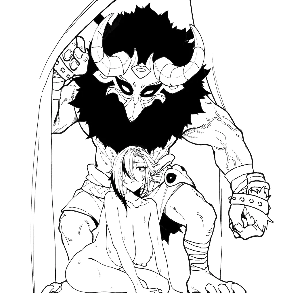 Image 1girls,female,1boy,male,nude,kneeling,size_difference,nude_female,genshin_impact,black_and_white,on_knees,arlecchino_(genshin_impact),hilichurls_(species),mitachurl,keinv,maskwolf