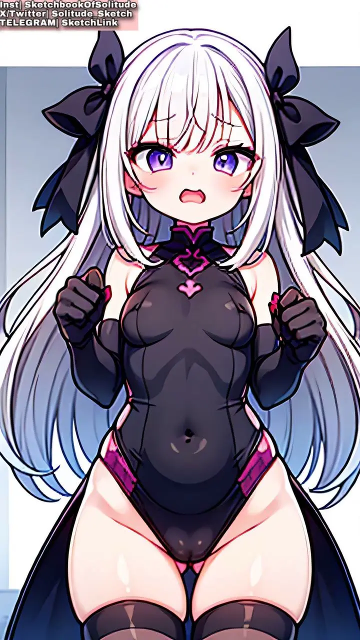 Image bow,breasts,female,female_only,white_hair,thighhighs,small_breasts,thick_thighs,thighs,wide_hips,ai_generated,swimsuit,stockings,purple_eyes,thigh_highs,female_human,small_boobs,anime,anime_style,smaller_female,ai_hands,black_swimsuit,soli_sketch