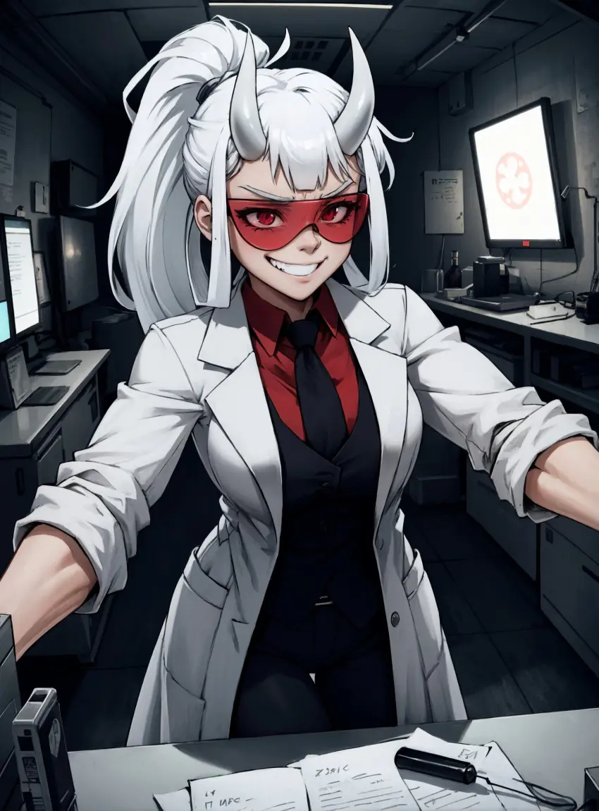 Image female,looking_at_viewer,ai_generated,video_games,helltaker,tinted_eyewear,makimass_ai,loremaster_(helltaker)