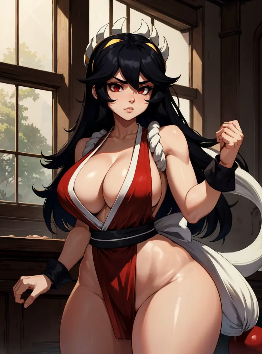 Image female,looking_at_viewer,ai_generated,video_games,skullgirls,makimass_ai,filia_(skullgirls),mai_shiranui_(cosplay)