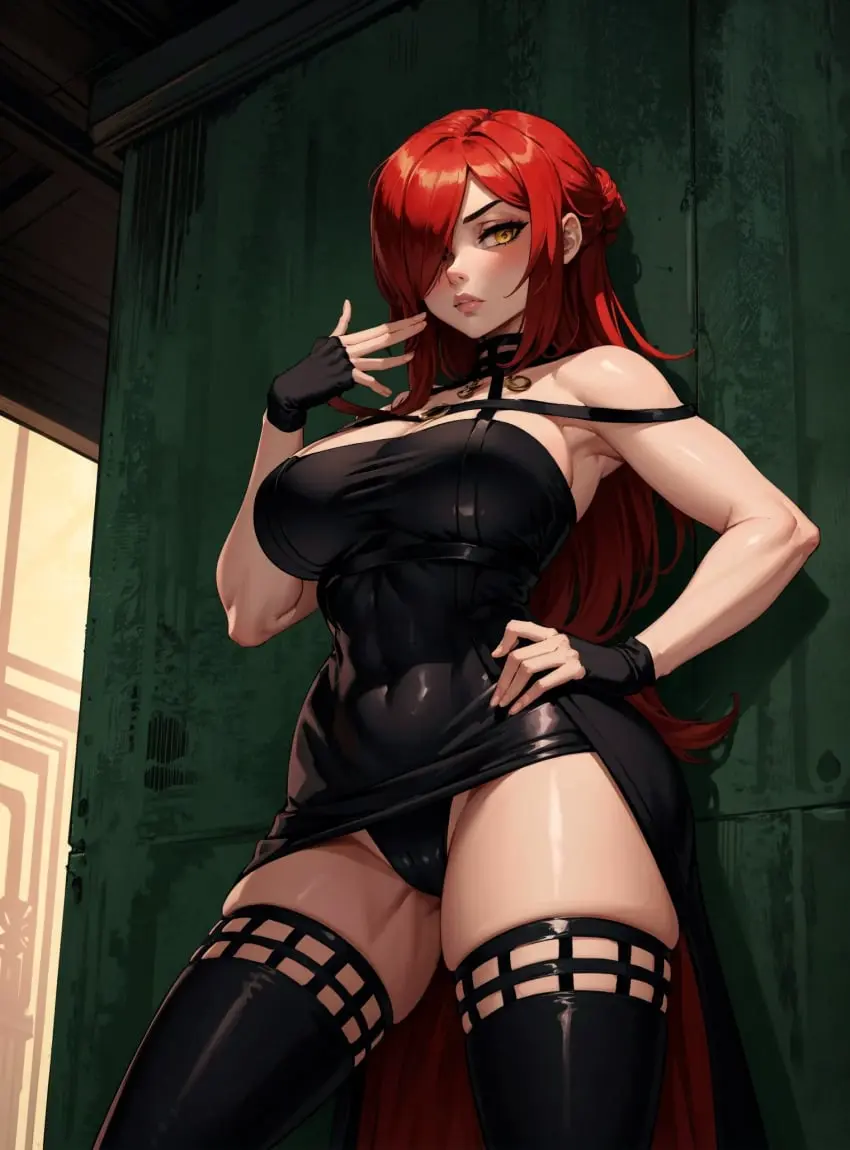 Image 1girls,big_breasts,breasts,female,female_only,large_breasts,long_hair,looking_at_viewer,red_hair,ai_generated,video_games,cosplay,skullgirls,spy_x_family,makimass_ai,parasoul,yor_briar_(cosplay)