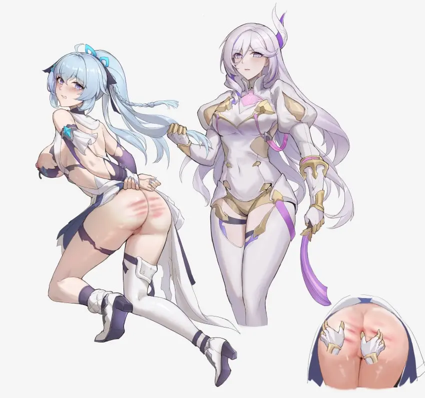 Image breasts,female,highres,large_breasts,long_hair,long_sleeves,looking_at_viewer,nipples,simple_background,very_long_hair,white_hair,2girls,absurdres,blue_eyes,blue_hair,multiple_girls,pussy,thighhighs,ass,looking_back,horns,dress,nail_polish,purple_eyes,censored,mosaic_censoring,ahoge,high_heels,closed_mouth,fingering,holding,multiple_views,ass_focus,bodysuit,grey_background,torn_clothes,blue_nails,full_body,single_thighhigh,blue_dress,anal_fingering,puffy_sleeves,white_footwear,white_thighhighs,honkai_(series),spanking,juliet_sleeves,purple_sleeves,honkai_impact_3rd,holding_whip,white_bodysuit,torn_dress,attack_of_the_hatogod,hare_(honkai_impact),shigure_kira,single_horn