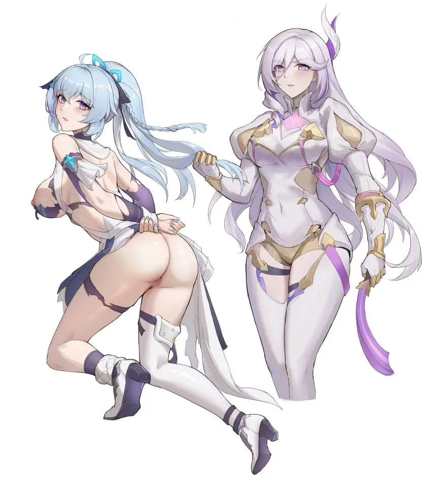 Image breasts,female,highres,large_breasts,long_hair,long_sleeves,looking_at_viewer,nipples,very_long_hair,white_hair,2girls,absurdres,blue_eyes,blue_hair,multiple_girls,pussy,thighhighs,ass,looking_back,horns,dress,nail_polish,purple_eyes,censored,mosaic_censoring,ahoge,high_heels,closed_mouth,holding,multiple_views,ass_focus,jpeg,bodysuit,torn_clothes,blue_nails,full_body,single_thighhigh,blue_dress,puffy_sleeves,white_footwear,white_thighhighs,honkai_(series),spanking,juliet_sleeves,purple_sleeves,honkai_impact_3rd,holding_whip,white_bodysuit,torn_dress,attack_of_the_hatogod,hare_(honkai_impact),shigure_kira,single_horn