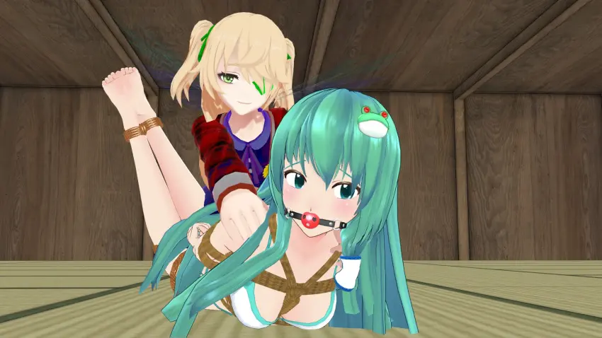 Image female,female_only,touhou,genshin_impact,3d,bondage,ball_gag,gag,gagged,sanae_kochiya,fischl_(genshin_impact),captive,pavro