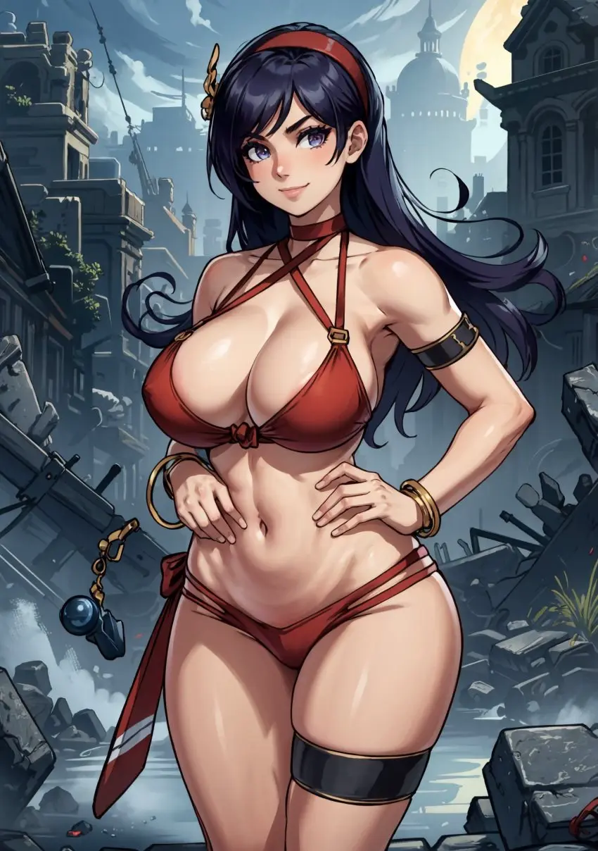Image 1girls,big_breasts,breasts,female,female_only,large_breasts,long_hair,looking_at_viewer,solo,navel,bikini,voluptuous,ai_generated,purple_eyes,busty,curvy,pose,posing,purple_hair,video_games,toned,child_bearing_hips,snk,confident,hands_on_hips,red_bikini,makimass_ai,athena_(series),princess_athena