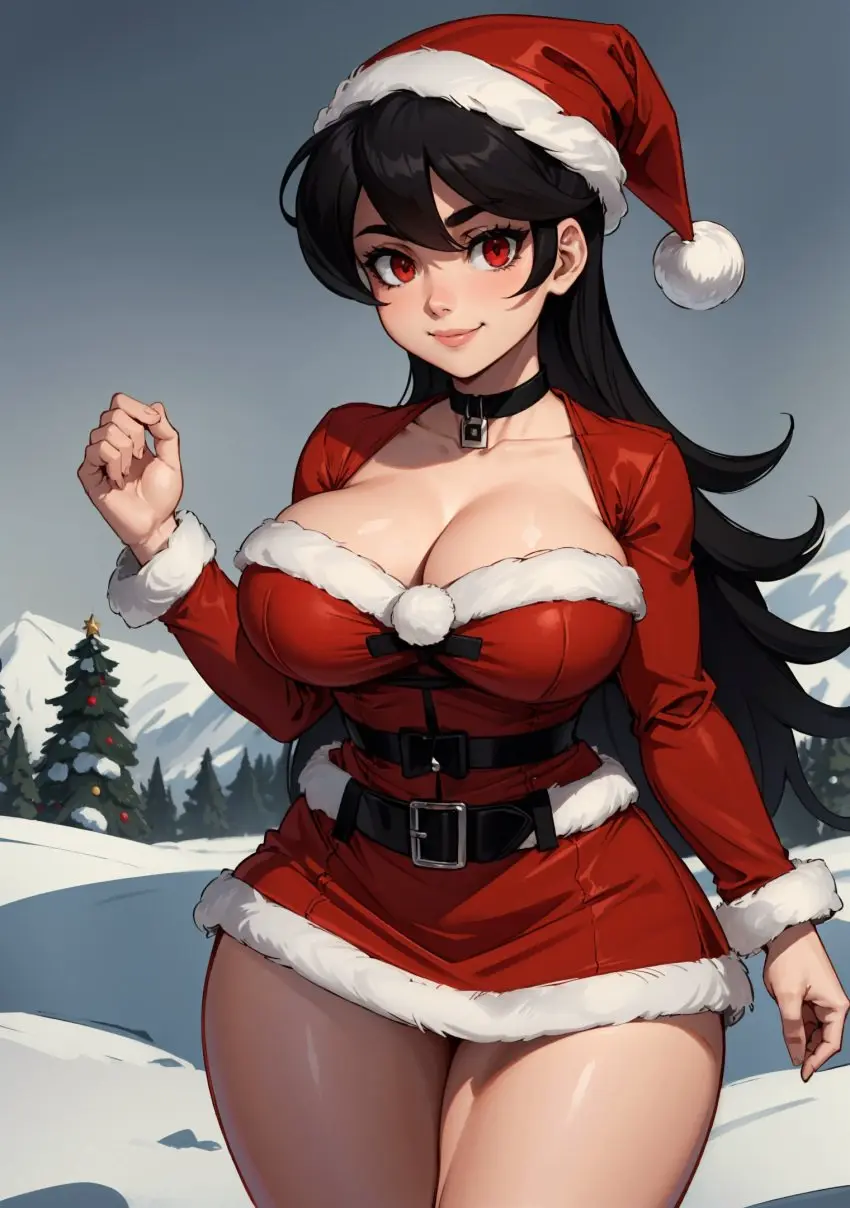 Image female,looking_at_viewer,ai_generated,christmas,video_games,skullgirls,christmas_outfit,makimass_ai,filia_(skullgirls)