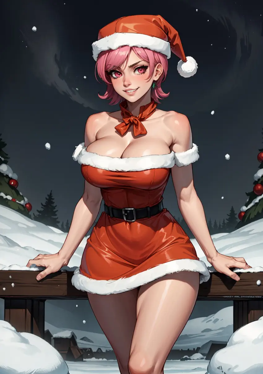Image female,looking_at_viewer,ai_generated,christmas,video_games,skullgirls,christmas_outfit,umbrella_(skullgirls),makimass_ai
