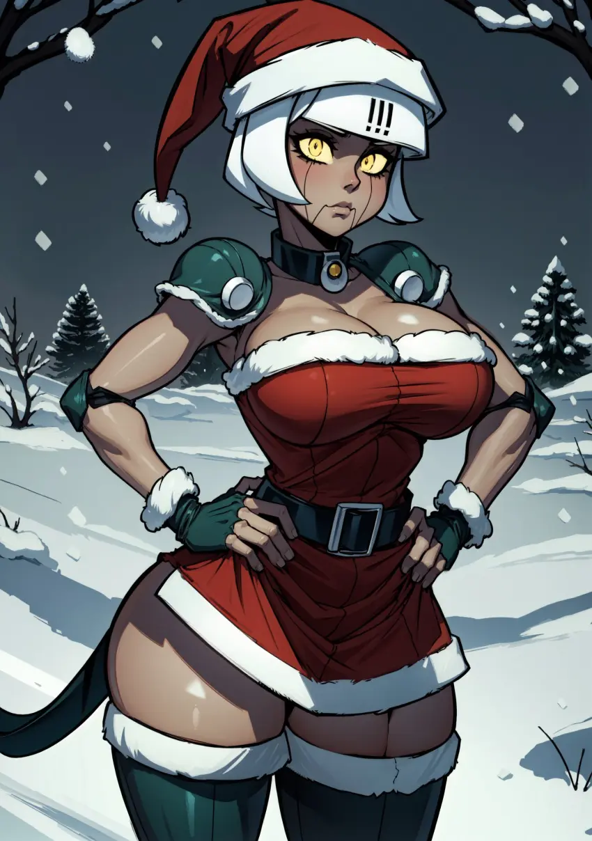 Image female,looking_at_viewer,ai_generated,christmas,video_games,robo-fortune,robot,robot_girl,skullgirls,makimass_ai