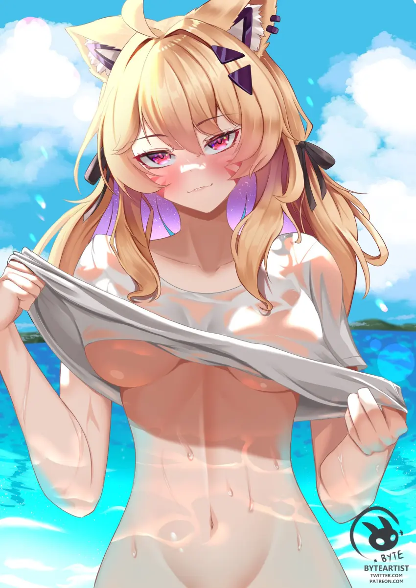Image 1girls,blush,bow,breasts,female,female_only,hair_ornament,large_breasts,long_hair,looking_at_viewer,no_bra,red_eyes,shirt,smile,solo,standing,animal_ears,bangs,heart-shaped_pupils,navel,animal_ear_fluff,cat_ears,catgirl,virtual_youtuber,water,ocean,sky,artist_name,cleavage,collarbone,eyebrows_visible_through_hair,blonde_hair,medium_breasts,hair_ribbon,cloud,wet,cat_tail,ahoge,hair_between_eyes,lifted_by_self,outdoors,twintails,closed_mouth,short_sleeves,ribbon,white_shirt,thick_eyebrows,hair_intakes,see-through,bottomless,shirt_lift,stomach,fox_ears,heart,blue_sky,wet_clothes,wet_shirt,day,vyugen,groin,face_markings,hair_bow,fang_out,squchan_(vtuber)