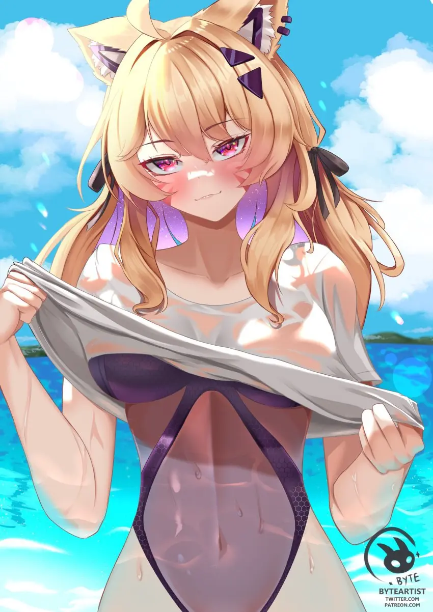 Image 1girls,blush,bow,breasts,female,female_only,hair_ornament,long_hair,looking_at_viewer,red_eyes,shirt,smile,solo,animal_ears,bangs,navel,bikini,animal_ear_fluff,cat_ears,catgirl,virtual_youtuber,water,ocean,sky,cleavage,collarbone,eyebrows_visible_through_hair,blonde_hair,swimsuit,hair_ribbon,cloud,wet,cat_tail,ahoge,hair_between_eyes,outdoors,twintails,closed_mouth,short_sleeves,ribbon,white_shirt,hair_intakes,see-through,shirt_lift,black_bikini,fox_ears,blue_sky,wet_clothes,wet_shirt,day,vyugen,face_markings,hair_bow,squchan_(vtuber),swimsuit_under_clothes