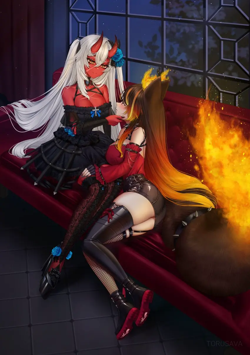 Image blush,breasts,female,light-skinned_female,light_skin,white_hair,2girls,animal_ears,tail,yellow_eyes,virtual_youtuber,horns,huge_breasts,brown_hair,wolf,2d_(artwork),red_skin,wolf_ears,wolf_tail,scars,hellhound,indie_virtual_youtuber,akumi,oni,oni_horns,vyugen,fire,wolf_girl,sinder_(vtuber),sinder_(vtuber)_(3rd_costume)