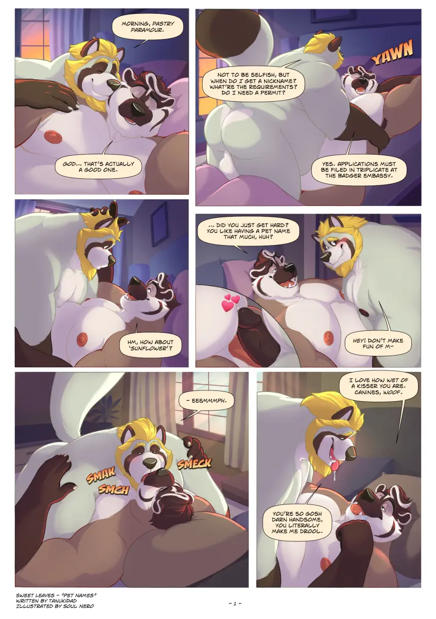 Image blush,hi_res,nipples,open_mouth,male,nude,tongue_out,tongue,ass,colored,duo,erection,male/male,balls,hair,anthro,text,blonde_hair,absurd_res,aroused,on_bed,saliva,bed,comic,romantic,romantic_couple,bodily_fluids,canid,canine,genitals,mammal,dialogue,sound_effects,kissing,tanuki,mustelid,furniture,detailed_background,overweight,beard,obese,facial_hair,onomatopoeia,moobs,overweight_male,raccoon_dog,backsack,overweight_anthro,obese_male,musteline,humor,badger,yawn,penis_on_belly,compliment,lying_on_another,unwanted_erection,colson_grainger,pet_name,sebastien_grainger,soul_nero,sweet_leaves