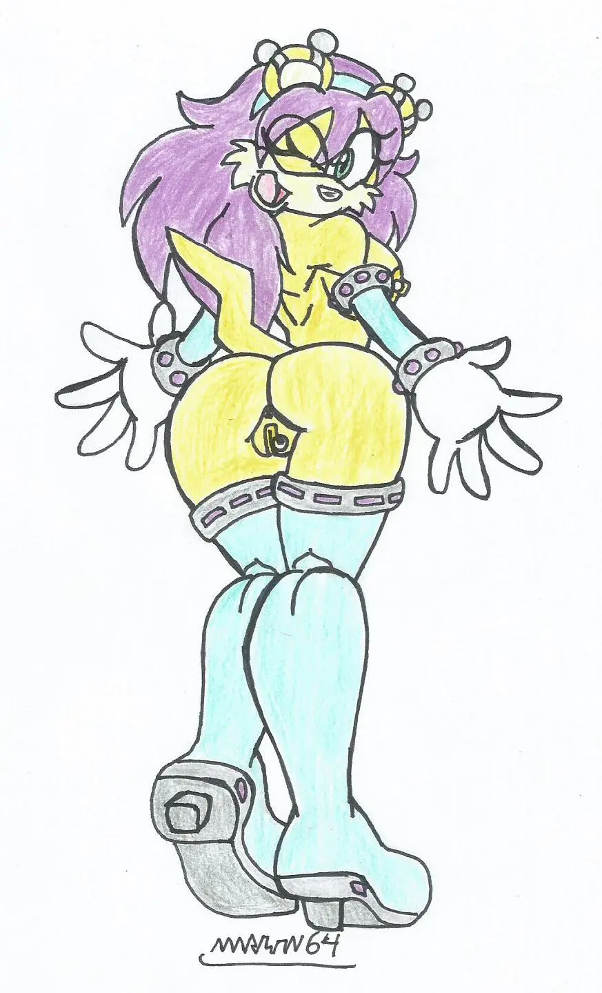 Image 1girls,breasts,female,looking_at_viewer,white_background,furry,ass,big_ass,big_butt,earrings,looking_back,smiling_at_viewer,sideboob,green_eyes,wink,purple_hair,yellow_body,yellow_fur,naked_female,pierced_nipples,showing_ass,showing_off,showing_off_ass,sonic_the_hedgehog_(archie),naked_boots,naked_gloves,traditional_drawing_(artwork),marlon64,bow_in_hair,mina_mongoose,pierced_pussy