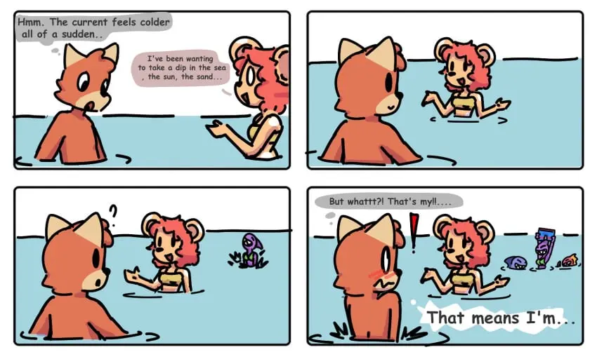 Image blush,1boy,male,water,embarrassed,text,tagme,comic,non-human,toony,non-human_only,koryqwq,stolen_swimming_trunks,stolen_swimsuit