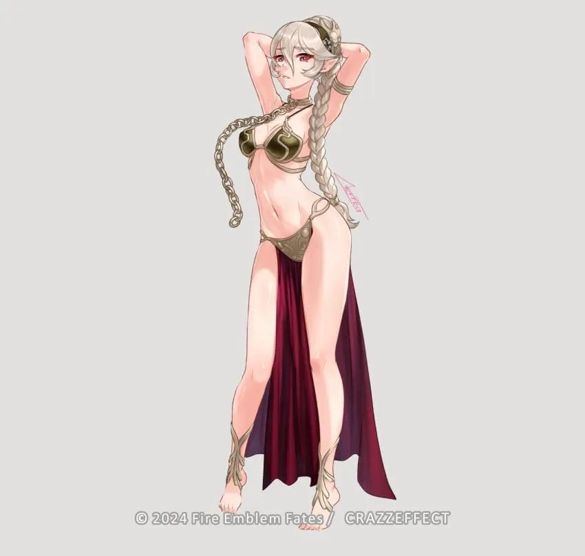 Image 1girls,female,female_only,grey_hair,looking_at_viewer,red_eyes,solo,very_long_hair,bikini,ponytail,armpits,arms_behind_head,bare_midriff,cleavage,hairband,midriff,legs,pointy_ears,pose,nintendo,braid,hair_between_eyes,collar,alternate_costume,fire_emblem,bondage,grey_background,leash,fire_emblem_fates,chains,alternate_hairstyle,chain_leash,cosplay,crossover,slave_bikini,slave_leia_(cosplay),star_wars,bare_legs,bare_arms,braided_ponytail,pelvic_curtain,slave,corrin_(fire_emblem),corrin_(fire_emblem)_(female),crazzeffect