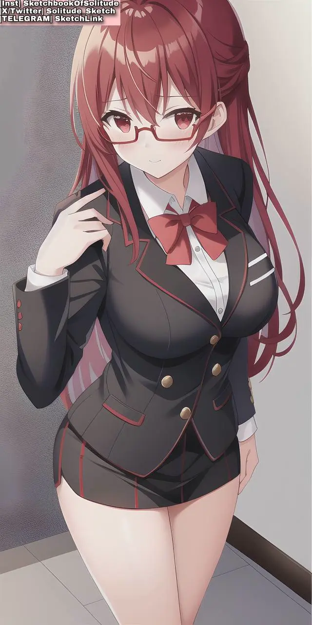 Image female,female_only,long_hair,red_eyes,shirt,thighhighs,red_hair,thick_thighs,thighs,wide_hips,ai_generated,glasses,legs,skirt,white_shirt,female_human,anime,bowtie,anime_style,blazer,black_skirt,ai_hands,soli_sketch