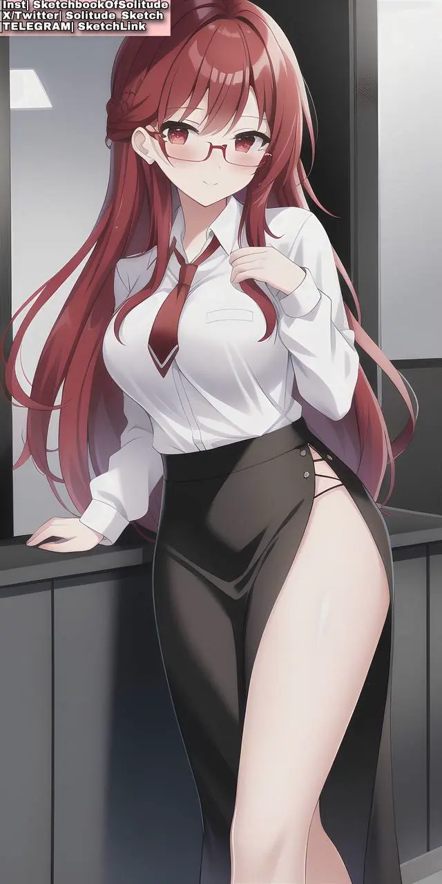 Image female,female_only,long_hair,red_eyes,shirt,thighhighs,red_hair,thick_thighs,thighs,wide_hips,ai_generated,glasses,legs,skirt,white_shirt,female_human,anime,bowtie,anime_style,black_skirt,ai_hands,soli_sketch