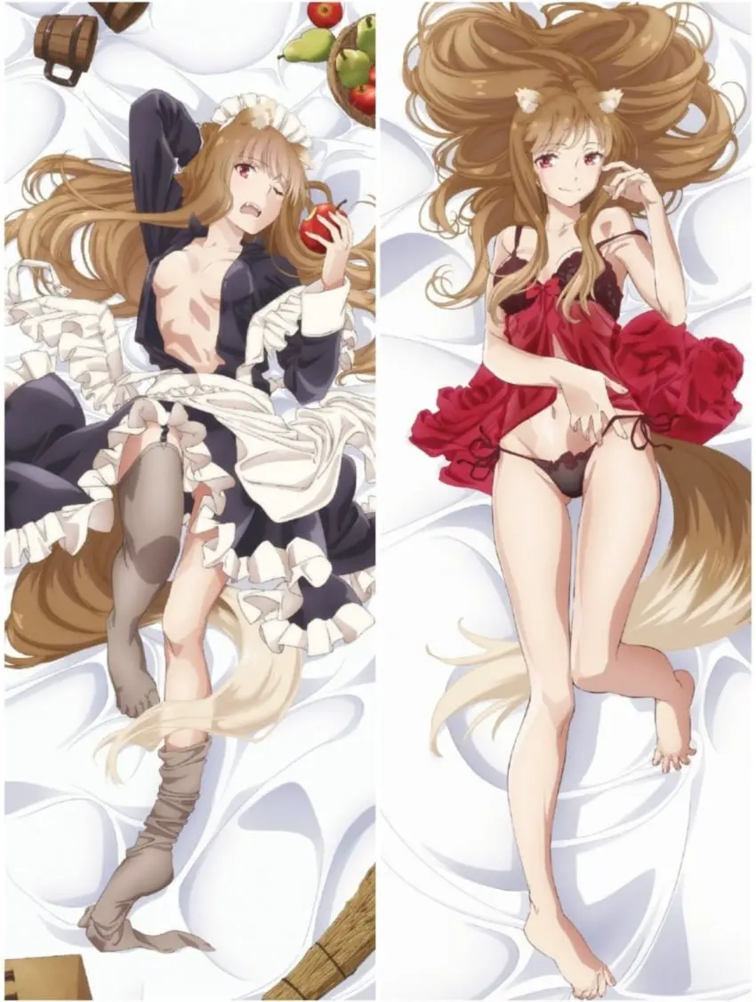 Image 1girls,breasts,female,long_hair,red_eyes,smile,tail,thighhighs,bra,panties,underwear,barefoot,feet,bare_shoulders,bare_thighs,belly_button,lingerie,legs,one_eye_closed,brown_hair,maid_outfit,maid_uniform,maid_headdress,wolf_ears,wolf_tail,garter_belt,toes,dakimakura,wolf_girl,bare_legs,garter_straps,official_art,mouth_closed,apple,shoulder_pads,dakimakura_design,bones_in_belly,canines,hand_on_panties,holo,spice_and_wolf