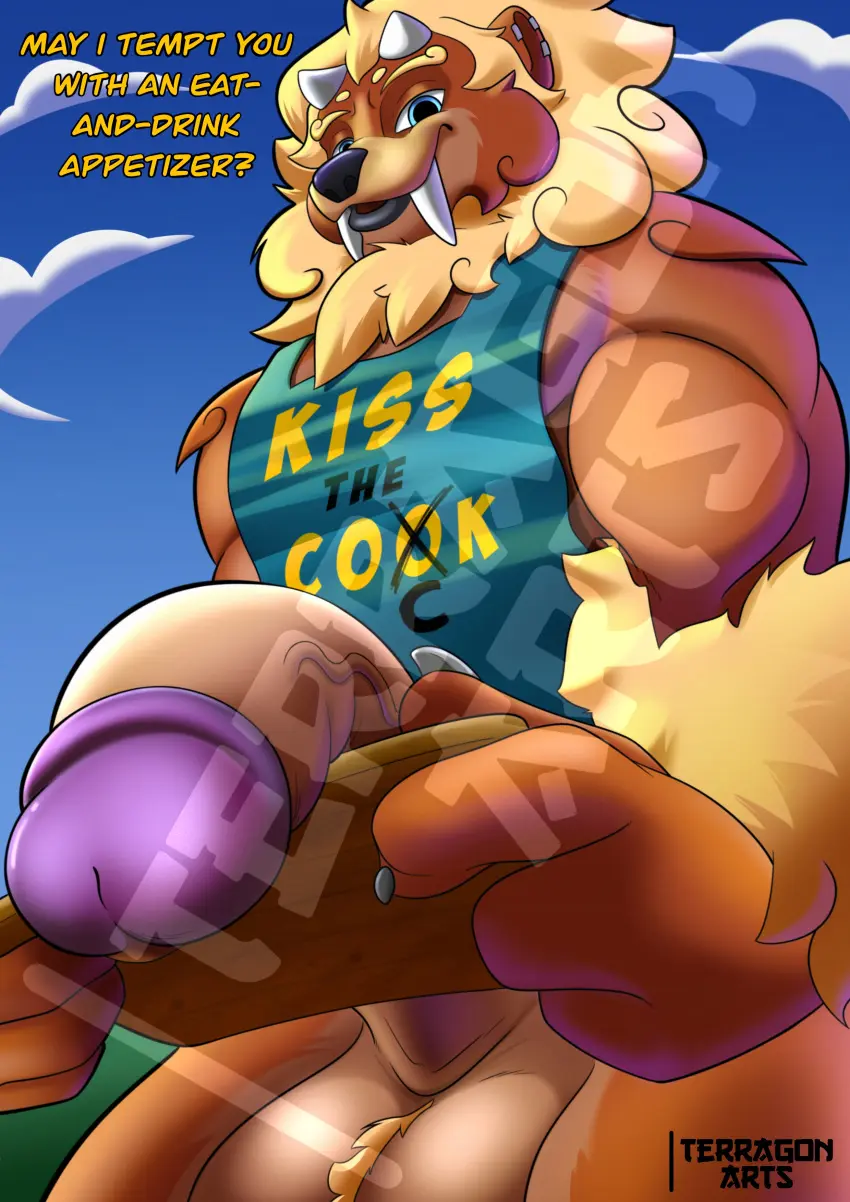 Image clothing,hi_res,solo,male,penis,big_penis,muscular,muscular_male,balls,huge_cock,anthro,text,asian_mythology,mythology,absurd_res,big_balls,genitals,mammal,horn,apron,tray,huge_balls,silly,east_asian_mythology,text_on_clothing,bulky,sabertooth,foo_dog,terragon,yama
