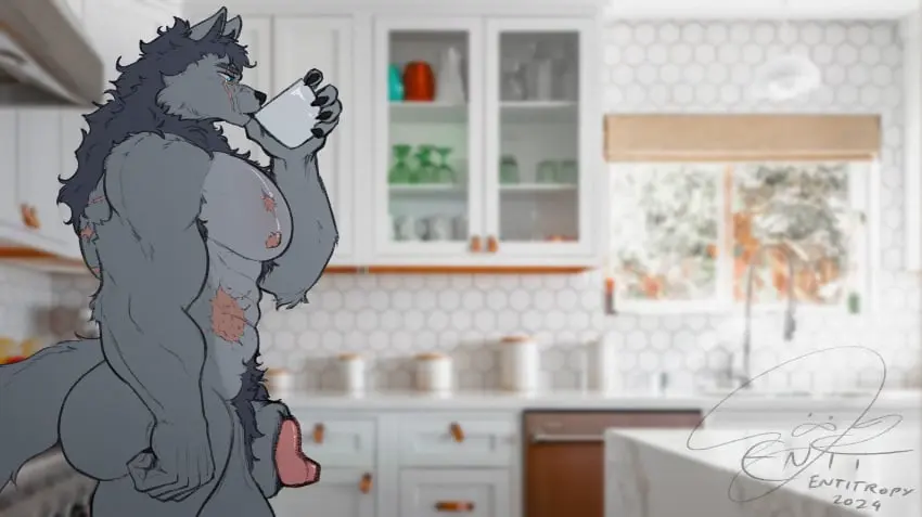 Image hi_res,male,tail,ass,muscular,absurd_res,canid,canine,genitals,mammal,scar,animal_genitalia,sheath,kitchen,container,cup,entitropy