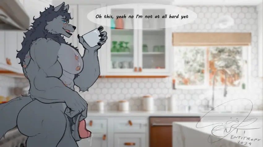 Image hi_res,male,tail,ass,muscular,absurd_res,canid,canine,genitals,mammal,scar,animal_genitalia,sheath,kitchen,container,cup,entitropy