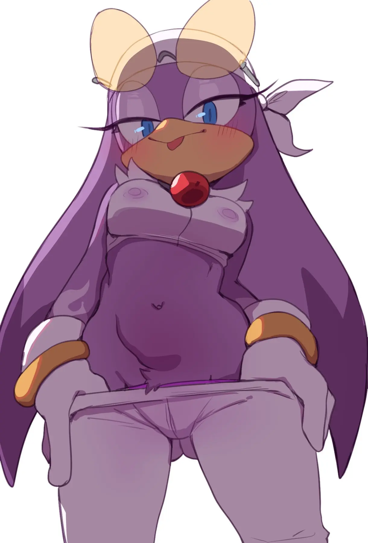 Image 1girls,blush,female,female_only,hi_res,looking_at_viewer,pants,solo,white_background,blue_eyes,gloves,smiling,smiling_at_viewer,anthro,sunglasses_on_head,narrowed_eyes,nipples_visible_through_clothing,purple_body,sega,sonic_(series),sonic_the_hedgehog_(series),avian,slit_pupils,topwear,viewed_from_below,bracelets,:p,pulling_down_pants,wave_the_swallow,lightsource