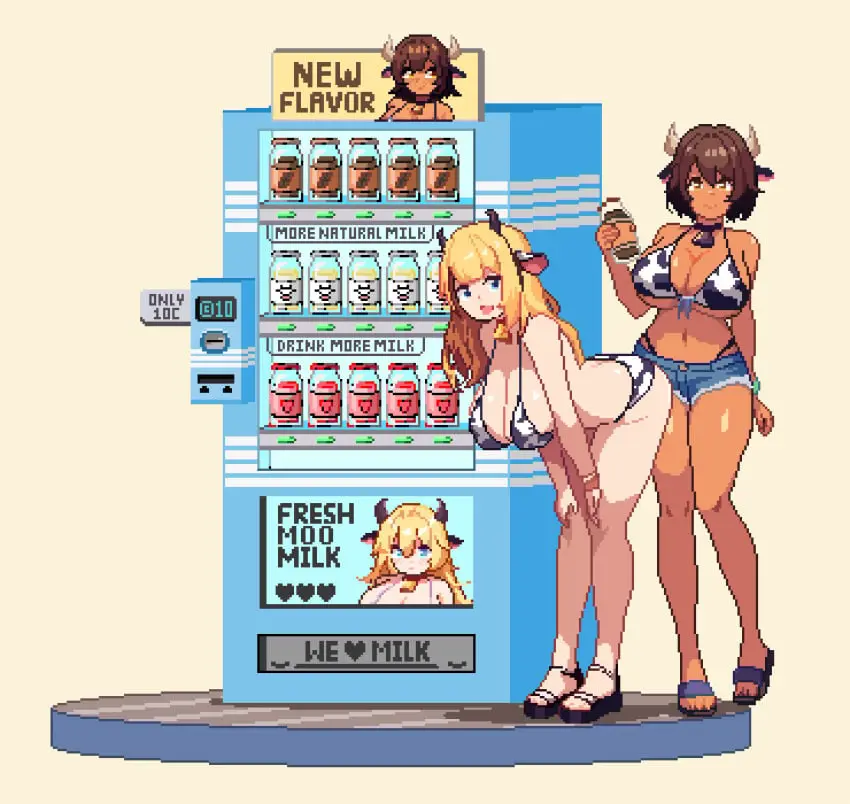 Image breasts,brown_eyes,clothing,female,female_only,highres,large_breasts,light-skinned_female,light_skin,long_hair,looking_at_viewer,open_mouth,simple_background,smile,standing,white_background,2girls,animal_ears,blue_eyes,multiple_girls,choker,bikini,tongue,dark_skin,feet,horns,cleavage,huge_breasts,milk,text,blonde_hair,swimsuit,original,absurd_res,brown_hair,cow_print,dark-skinned_female,bracelet,heart,shorts,english_text,2024,leaning_forward,full_body,cow_girl,toes,sandals,pixel_art,cow_ears,cow_horns,flip_flops,bell,hands_on_knees,short_shorts,bottle,milk_bottle,cowbell,bell_choker,cow_bikini,cowkini,holding_bottle,front-tie_bikini,vending_machine,whitte_komett