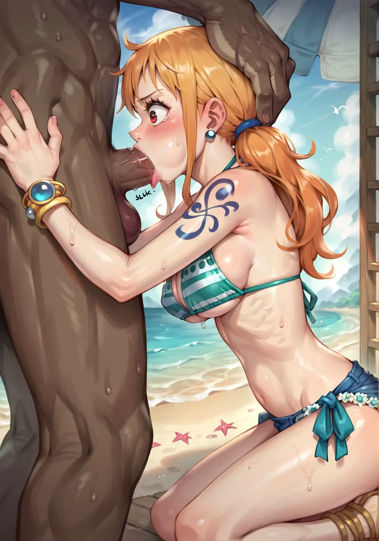 Image 1girls,big_breasts,blush,breasts,female,light-skinned_female,1boy,hand_on_head,male,penis,sweat,bikini,big_penis,kneeling,one_piece,dark-skinned_male,interracial,muscular,muscular_male,ai_generated,cleavage,nami_(one_piece),orange_hair,post-timeskip,underboob,wet,blowjob,oral_sex,string_bikini,bikini_top,shorts,wide_eyed,nipple_bulge,head_grab,struggling,short_shorts,cheek_bulge,zeus1292