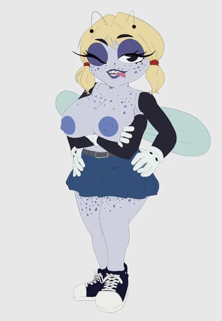 Image 1girls,big_breasts,breasts,female,female_only,looking_at_viewer,simple_background,white_background,disney,seductive_look,thick_thighs,anthro,blonde_hair,voluptuous_female,braces,disney_channel,twintails,skirt,shortstack,anthro_only,freckles_on_face,shoes,buckteeth,sticking_out_tongue,arms_under_breasts,hands_on_hips,freckles_on_thighs,multi_arm,multi_limb,blue_lipstick,winking,flat_colors,antennae_(anatomy),insect_girl,blue_eyeshadow,the_buzz_on_maggie,insect_wings,freckles_on_chest,cleo_(the_buzz_on_maggie),cleo_ellen,nes_pandansfw