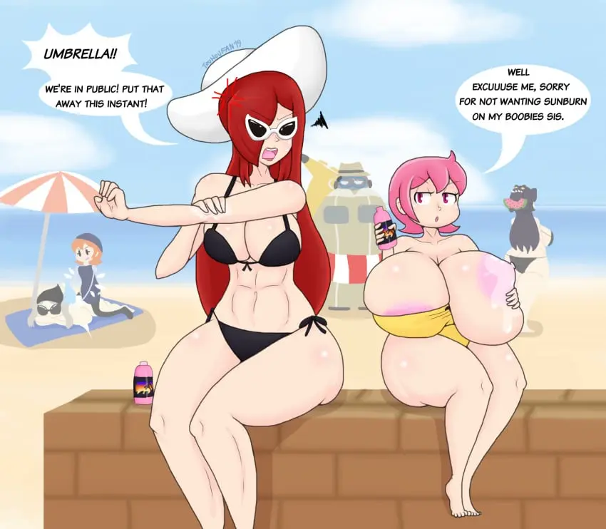 Image big_breasts,breasts,female,beach,tagme,sisters,skullgirls,sunscreen,5girls,umbrella_(skullgirls),parasoul,bloody_marie,marie_korbel,filia_(skullgirls),peacock_(skullgirls),touhoufan,big_band