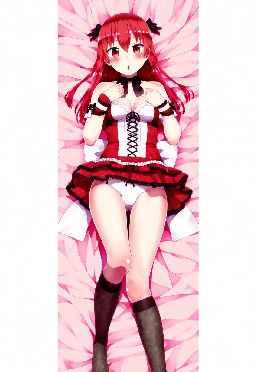 Image 1girls,blush,bow,breasts,female,long_hair,looking_at_viewer,open_mouth,red_eyes,solo,black_legwear,bed_sheet,lying,on_back,red_hair,panties,underwear,ai_generated,cleavage,medium_breasts,school_uniform,on_bed,bow_panties,skirt,white_panties,:o,full_body,dakimakura,skirt_lift,:0,wrist_cuffs,kneehighs,dakimakura_design,audrey_belrose,huniepop