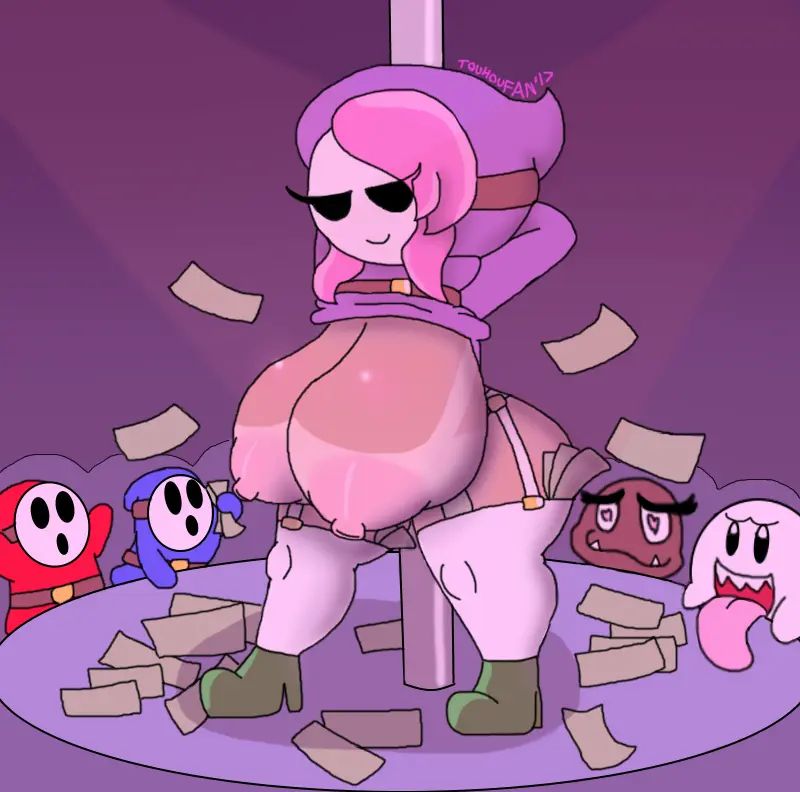 Image 1girls,breasts,clothing,female,nipples,standing,pink_hair,tagme,boo_(mario),mario_(series),looking_at_another,rule_63,mask,pink_clothing,shy_gal,shy_guy,goomba,touhoufan