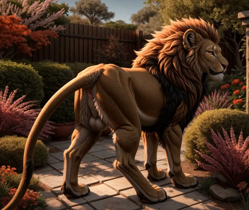 Image hi_res,looking_at_viewer,solo,standing,male,ass,looking_back,orange_eyes,feet,ai_generated,male_only,balls,tan_body,anus,fur,genitals,mammal,multicolored_body,multicolored_fur,black_body,flower,detailed,white_body,outside,tree,brown_fur,plant,tuft,tan_fur,brown_body,detailed_background,white_fur,looking_back_at_viewer,feral,felid,day,fence,sunlight,perineum,lion,light,rock,black_fur,pantherine,pink_nose,big_feet,inner_ear_fluff,whiskers,mane,mouth_closed,three-quarter_view,pink_anus,lighting,blp,whisker_spots,detailed_fur,shrub,brown_mane,hedge