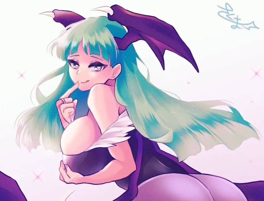 Image 1girls,breasts,female,light-skinned_female,light_skin,looking_at_viewer,tongue_out,bare_shoulders,sideboob,huge_breasts,busty,green_hair,tight_clothing,licking_lips,darkstalkers,morrigan_aensland,succubus,capcom,bat_wings,hearts_in_eyes,skm_nnm