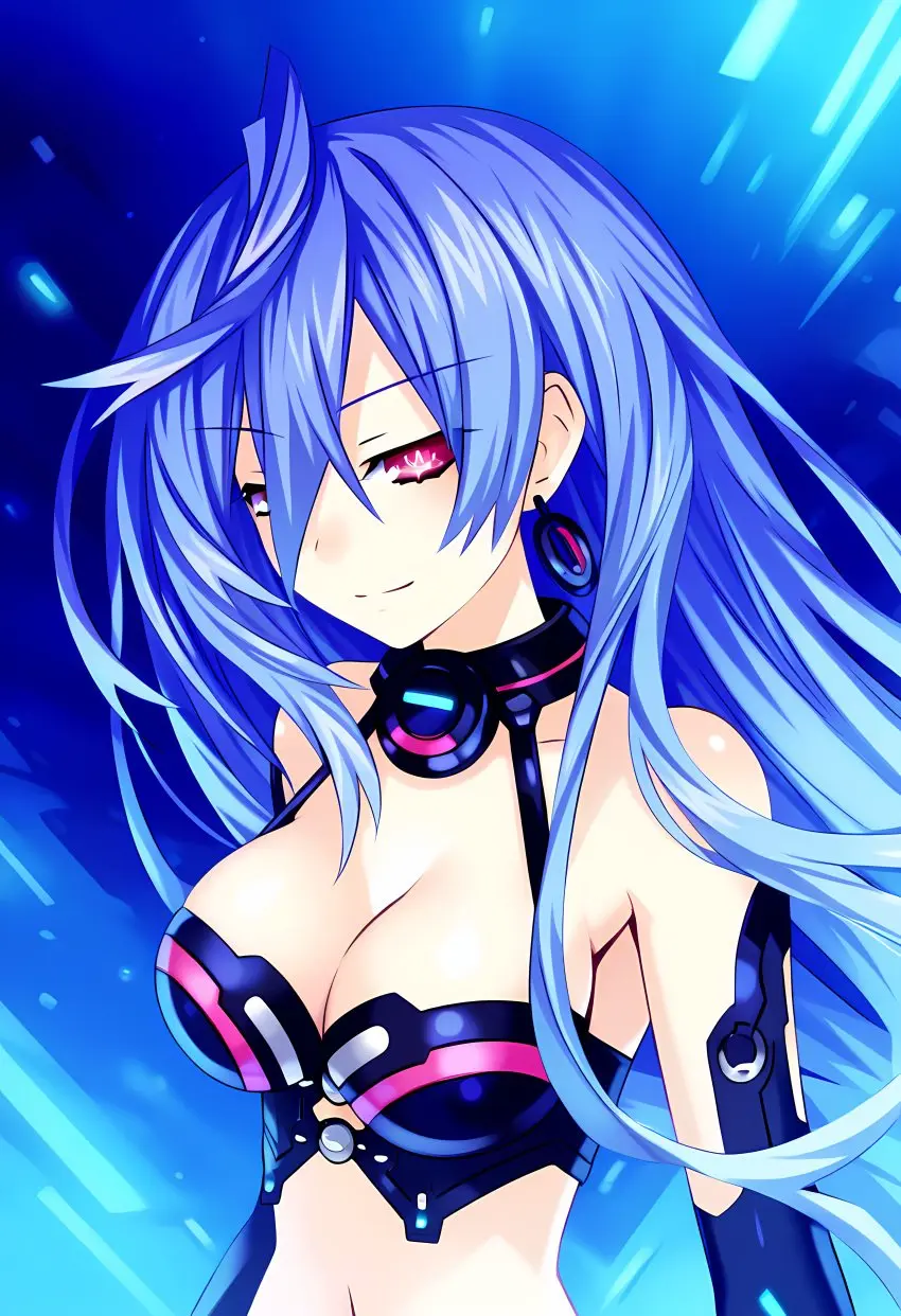 Image breasts,female,light-skinned_female,long_hair,looking_at_viewer,smile,choker,earrings,ai_generated,bare_midriff,bare_shoulders,cleavage,side_view,pink_eyes,goddess,purple_hair,partially_clothed,close-up,neptunia_(series),iris_heart,plutia